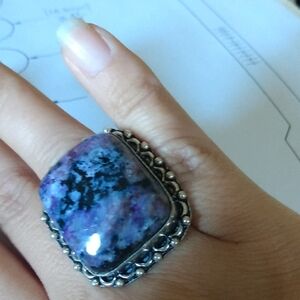 925 Sterling Silver Huge Handcrafted Purple Blue Stone Statement Ring